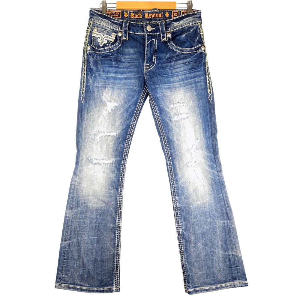 Rock Revival James Slim Boot Jeans Mens Medium Wash Distressed 32 (Fits 33x31)